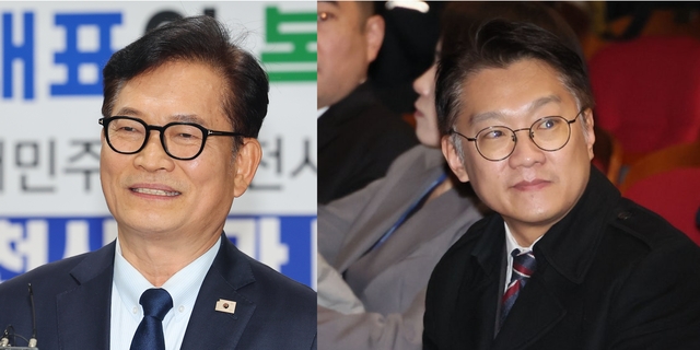 송영길(왼쪽) 전 더불어민주당 대표와 김남준 전 청와대 대변인. 연합뉴스